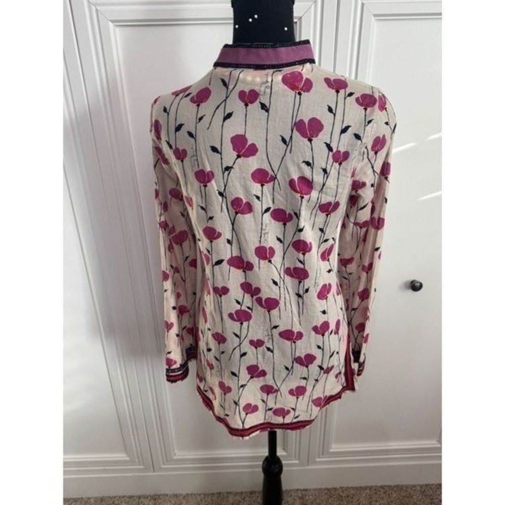 Tory Burch Pink Floral Print Cotton Tunic Top Long Sleeve Blouse - Picture 8 of 11